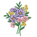 A stylized floral bouquet illustration with three large lavender-purple flowers, several pink flowers, small yellow flowers, and green leaves on a plain white background.