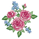 A decorative floral design featuring three pink roses with green leaves and small light blue flowers on a plain white background.