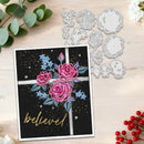A handmade greeting card with a floral window design and the word 'believe' in gold script, shown next to matching metal die-cutting templates on a light wood surface with decorative greenery and berries.