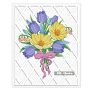 A square greeting card design featuring a bouquet of yellow crocuses, purple tulips, and blue flowers tied with a pink ribbon, set against a white diamond-patterned background with the words 'Hi there' in a gray box at the bottom right.