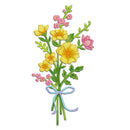 A stylized embroidered floral bouquet with yellow flowers, pink blossoms, green stems and leaves, and a light blue ribbon tied around the stems, shown on a plain white background.