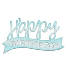 A light blue embroidered or embroidered-style 'Happy Birthday' decoration on a plain white background.