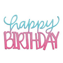 A decorative 'Happy Birthday' text decoration on a plain white background. The word 'Happy' is written in a light blue cursive script, and 'BIRTHDAY' is written below in large pink block letters with a subtle horizontal ribbed texture.