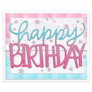 A square birthday card design with layered text reading 'Happy Birthday' in pastel pink and blue. The card has a white center with confetti and star embellishments, bordered by pink and light blue plaid sections, shown on a white background.