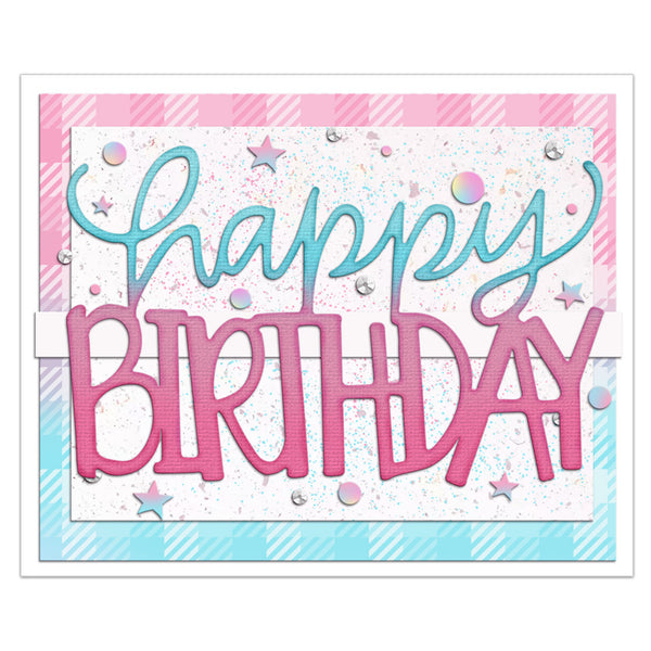 A square birthday card design with layered text reading 'Happy Birthday' in pastel pink and blue. The card has a white center with confetti and star embellishments, bordered by pink and light blue plaid sections, shown on a white background.