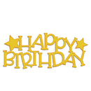 Yellow 'Happy Birthday' letter cake topper with star accents on a plain white background.