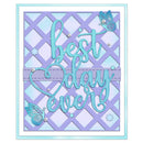 A square greeting card with a light blue border, featuring a lavender and light blue diamond lattice pattern. The card has the words 'best day ever' in large, 3D aqua script with a stitched texture, decorated with two blue butterflies, small white flowers, and rhinestone embellishments.