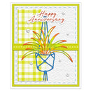 A square greeting card with a bright yellow-green border, a white textured center, a lime-and-white gingham section, blue stitched dashed lines, a blue planter outline, and orange/yellow/olive plant leaves. The card reads 'Happy Anniversary' in red script with a white outline.