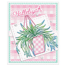 A handmade greeting card featuring a pink and white gingham background, a pink plaid hanging planter, and a green succulent illustration with the word 'Hallelujah' in pink script at the top.