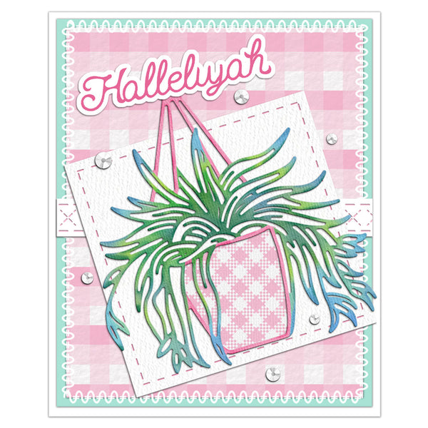 A handmade greeting card featuring a pink and white gingham background, a pink plaid hanging planter, and a green succulent illustration with the word 'Hallelujah' in pink script at the top.