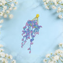 A colorful wavy hair extension piece with a yellow top connector, displayed on a light blue marble background with white baby's breath flowers in the corners.