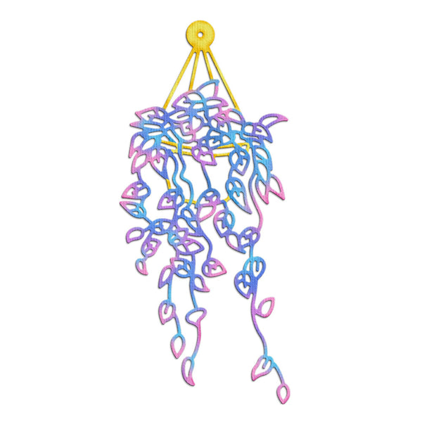 A decorative hanging mobile or chandelier made of many thin, looped strands in a yellow, blue, purple, and pink gradient, suspended from a yellow circular top against a plain white background.