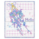 A square greeting card featuring a whimsical hanging floral bouquet in pastel pink, purple, and blue with yellow stems. The card has a white background with pink plaid sections, scattered pastel paint splatters, small silver bead graphics, and the word 'Hello' in purple outlined lettering.