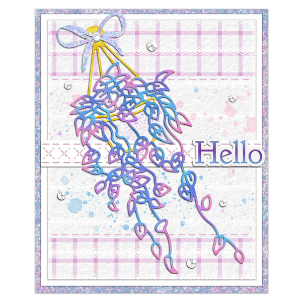 A square greeting card featuring a whimsical hanging floral bouquet in pastel pink, purple, and blue with yellow stems. The card has a white background with pink plaid sections, scattered pastel paint splatters, small silver bead graphics, and the word 'Hello' in purple outlined lettering.