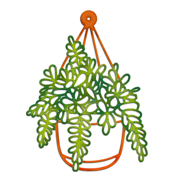 Decorative plant holder with green leaves on a white background
