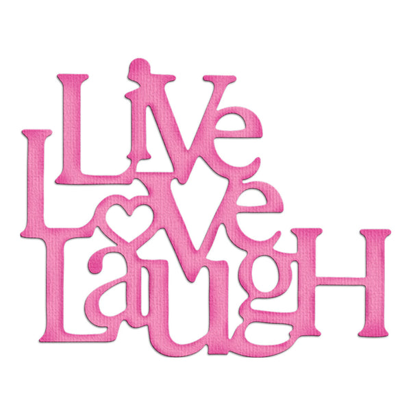 Pink embroidered text reading 'Live Laugh Love' with a heart motif, shown on a plain white background.