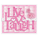 Pink and white gingham card with raised text reading 'Live Love Laugh' in pink, decorated with two layered pink roses and small pearl-like accents.