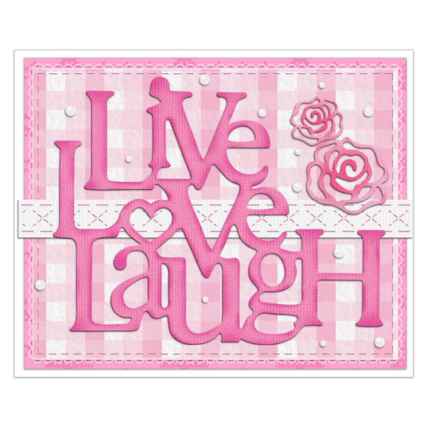 Pink and white gingham card with raised text reading 'Live Love Laugh' in pink, decorated with two layered pink roses and small pearl-like accents.