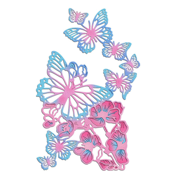 Butterfly-shaped cutouts in pink and blue on a white background