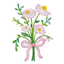 A decorative illustration of a bouquet of daisies tied with a pink ribbon, shown on a plain white background.