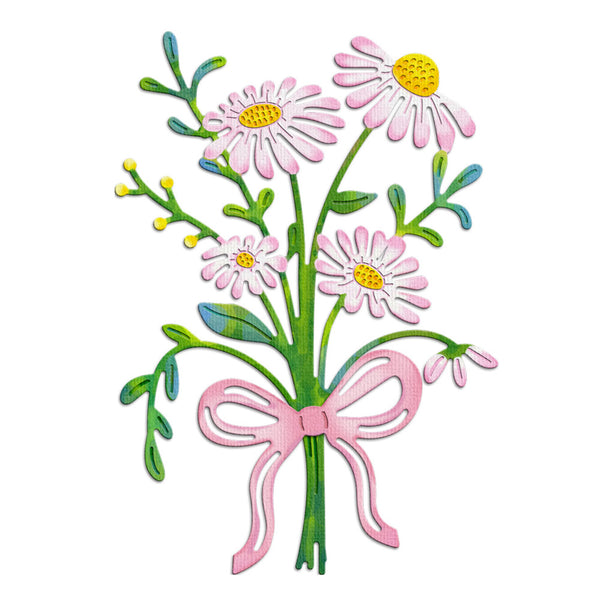 A decorative illustration of a bouquet of daisies tied with a pink ribbon, shown on a plain white background.