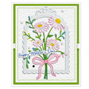 A handmade Mother's Day greeting card featuring a bouquet of pink daisies with yellow centers, green stems, and a pink ribbon, layered over a white scalloped arch. The card has a green border and the text 'Happy Mother's Day' in blue script.