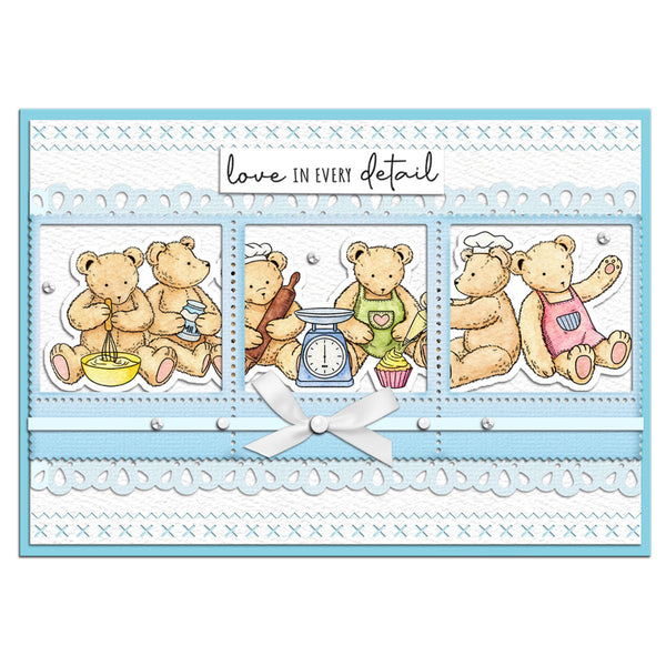 A square handmade-style greeting card or art print featuring three panels of teddy bears in kitchen scenes, with the text 'love in every detail' at the top and a white ribbon bow near the bottom. The card has a light blue border and white background.