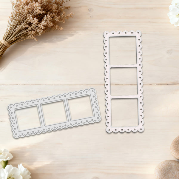 Two white metal die-cut frames with scalloped edges, shown on a light wood background with dried flowers and small stones as styled props.
