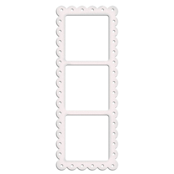 A white paper craft die or template with a scalloped border and three rectangular photo slots, shown on a plain white background.