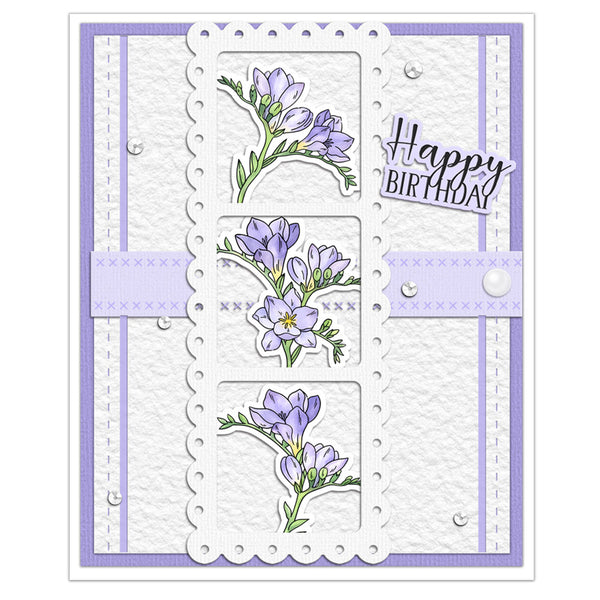 A handmade square greeting card with a white textured background, layered white scalloped borders, light purple side panels, three floral inserts showing lavender flowers with green stems, a purple ribbon across the middle, and a 'Happy Birthday' message on the right.