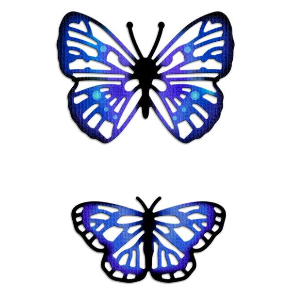 Two butterfly-shaped decorative items shown on a plain white background, one larger above and one smaller below. Both have black silhouettes with blue and purple gradient wings and cutout sections.