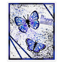 A square Happy Birthday greeting card featuring two blue and purple butterflies, black ink splatters, and diagonal blue stripes on a white textured background, framed by a blue border.