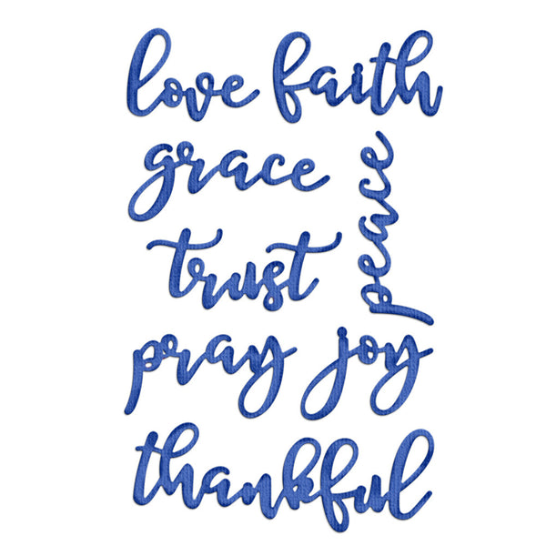 Blue embroidered cursive text on a white background reading 'love faith grace trust prayer joy thankful' with 'peace' written vertically along the right side.