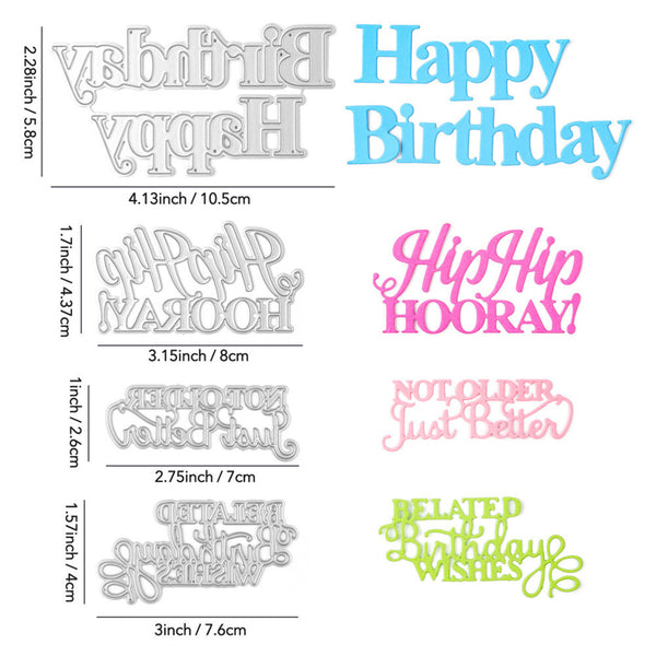 Four die-cut metal cutting templates with 'Happy Birthday' themed phrases, shown in silver outline with color-coded digital preview renders in blue, pink, and green on a white background with dimensions.