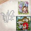 A craft kit layout showing a metal die cut sheet with floral and fairy shapes on the left, and two example card designs on the right featuring a fairy illustration and a whimsical house scene.