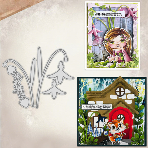 A craft kit layout showing a metal die cut sheet with floral and fairy shapes on the left, and two example card designs on the right featuring a fairy illustration and a whimsical house scene.