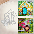 A craft die set shown next to two example cards featuring whimsical forest illustrations, including a yellow cottage, foxes, pink mushrooms, and a girl in a forest scene.