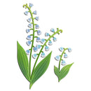 A botanical floral applique or patch depicting lily of the valley flowers on green stems with two large leaves and a smaller side stem, shown on a plain white background.