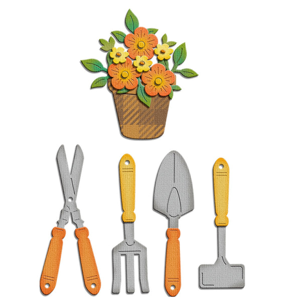 A set of gardening tools and a flower pot decoration on a plain white background. The set includes orange-handled shears, a hand fork, a trowel, and a flat scraper, along with an orange and yellow flower pot containing orange flowers and green leaves.