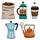 A set of six coffee-themed fabric appliques on a white background, including a burlap sack of coffee beans, a French press, a takeaway coffee cup, a moka pot, a teapot, and a small ice cream cone.