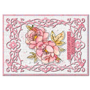 A square decorative card or art print featuring pink peony flowers with yellow centers and green leaves, surrounded by an ornate pink filigree border on a white textured background. Vertical text on the right reads 'HOPETODAYTREATSLOOKINDY'.