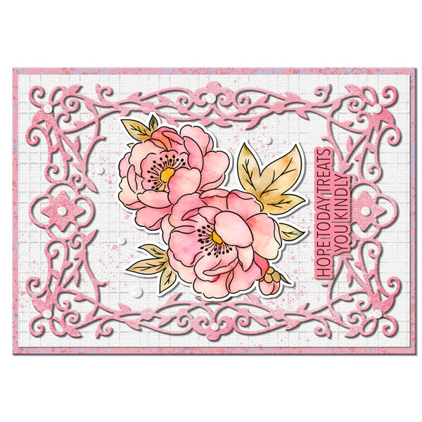A square decorative card or art print featuring pink peony flowers with yellow centers and green leaves, surrounded by an ornate pink filigree border on a white textured background. Vertical text on the right reads 'HOPETODAYTREATSLOOKINDY'.