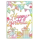 A rectangular birthday card with a colorful pastel foil design featuring the words 'Happy Birthday' in cursive, bunting flags, stars, gift boxes, and a thin border on a white background.