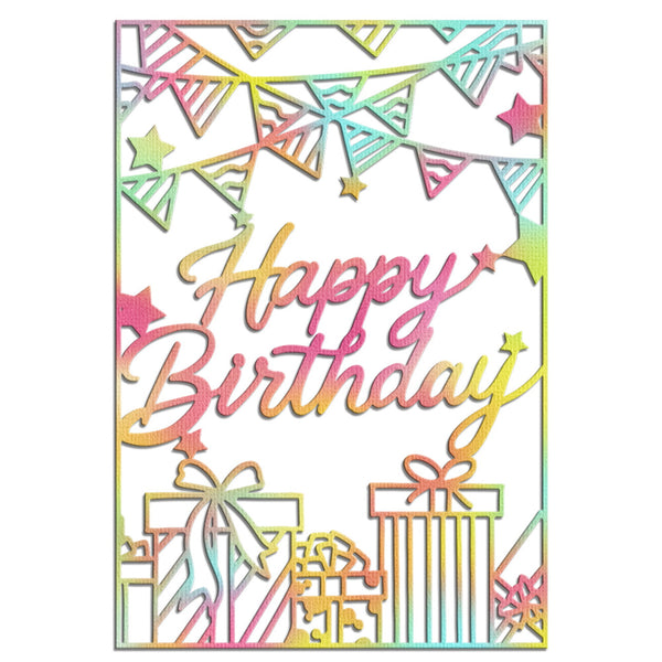 A rectangular birthday card with a colorful pastel foil design featuring the words 'Happy Birthday' in cursive, bunting flags, stars, gift boxes, and a thin border on a white background.