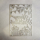 A rectangular laser-cut metal holiday ornament or decorative plaque featuring the words 'Happy Hooligans' in cursive, surrounded by stars, bunting, and gift boxes, shown on a textured light gray background.