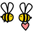 Two cartoon bumblebee graphics on a plain white background, one facing left and one facing right holding a pink heart.