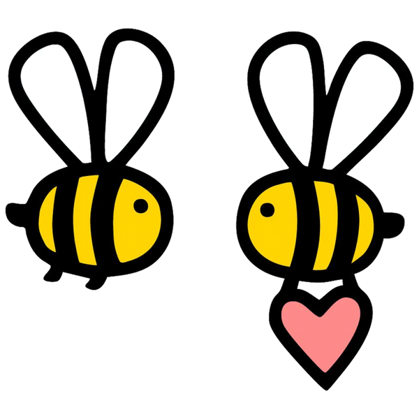 Two cartoon bumblebee graphics on a plain white background, one facing left and one facing right holding a pink heart.