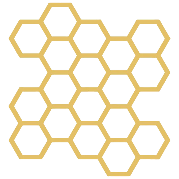 A gold honeycomb hexagonal pattern graphic on a solid white background.