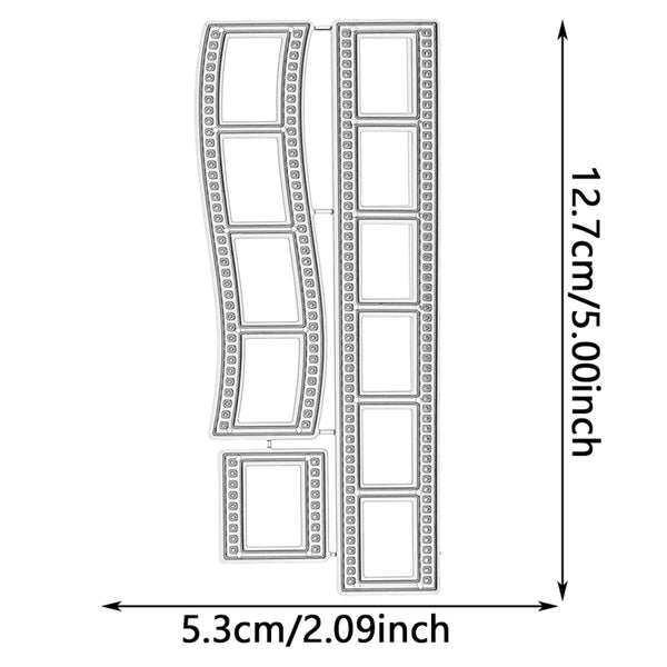 Black and white line drawing showing a set of rectangular frame templates with dimension annotations: 12.7 cm / 5.