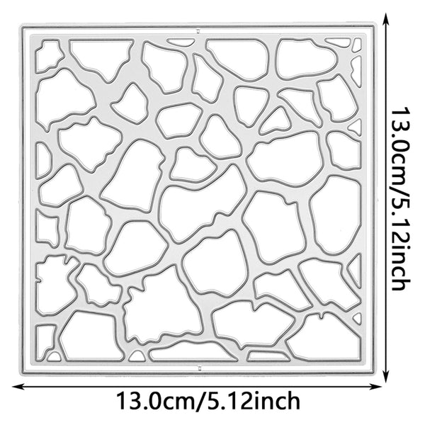 A square stencil or template with an irregular stone-pattern cutout design, shown with dimension arrows and labels indicating 13.0 cm / 5.